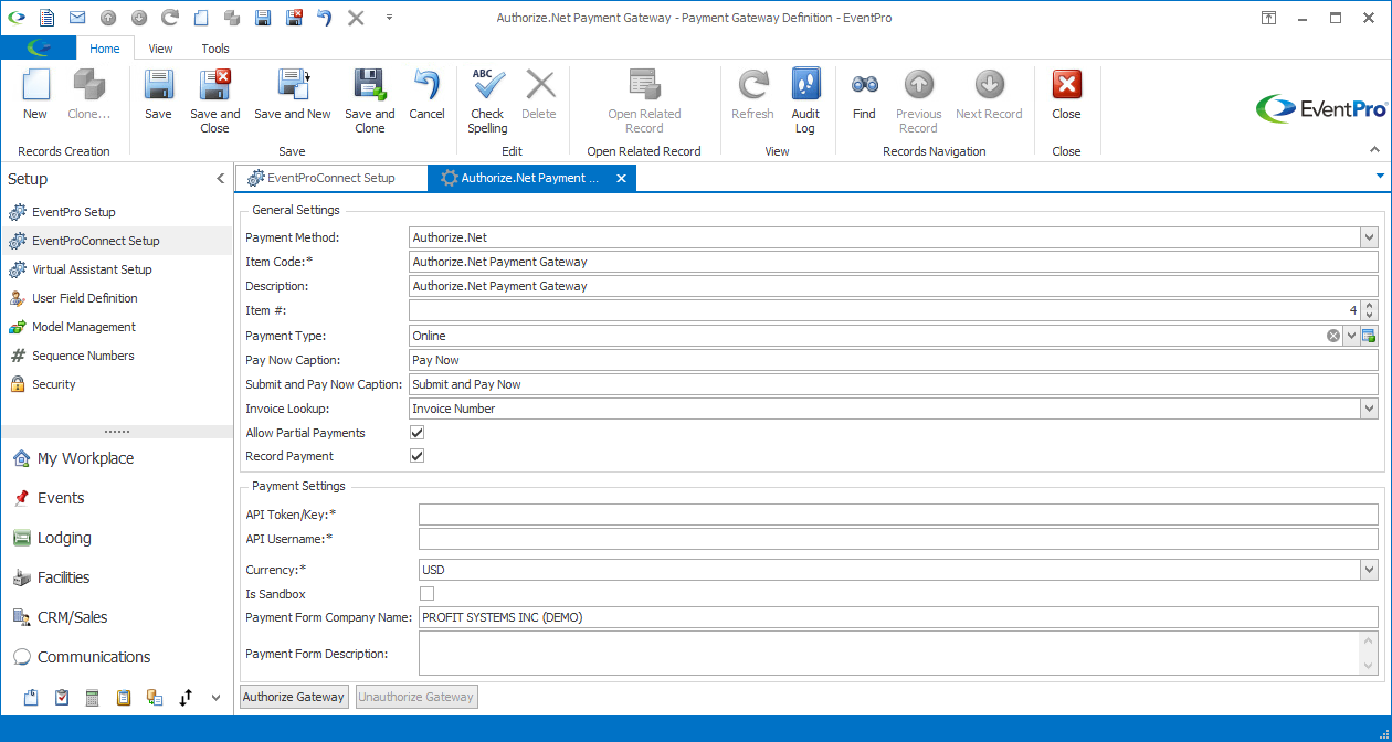 Payment Gateway Definition edit form for Authorize.Net