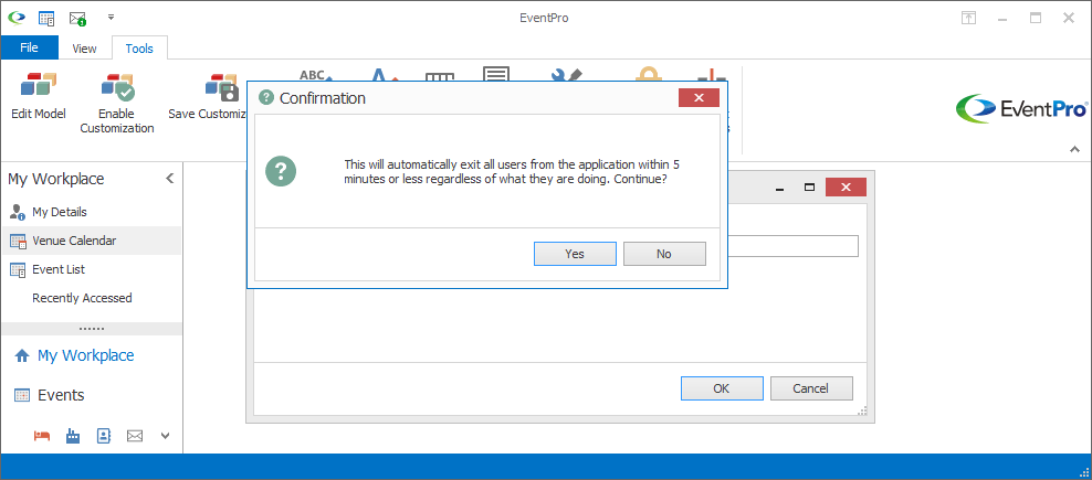 Screenshot of dialog confirming that lock will auto exit users from the application. 