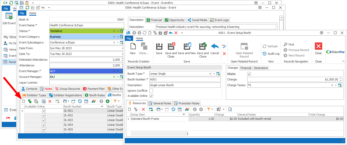 Screenshot of Event Setup Booth edit form started from Exhibitor Booths in Edit Event window. 