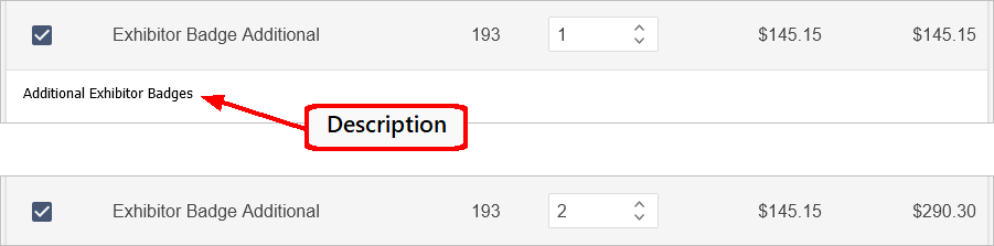 Sample exhibitor registration pages comparing descriptions shown and hidden. 
