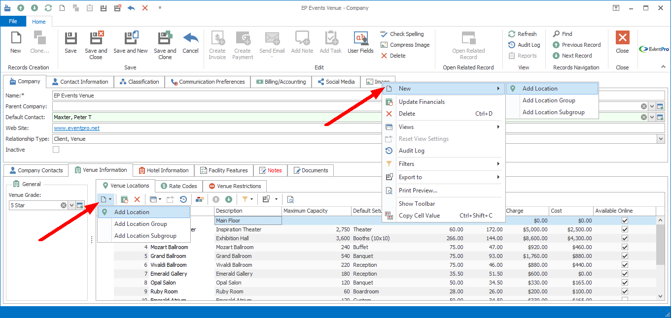 Screenshot of Add Location command under Venue Locations tab in Company edit form. 