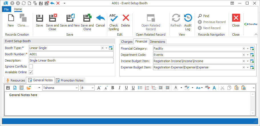 Screenshot of Event Setup Booth edit form, viewing Financial tab. 