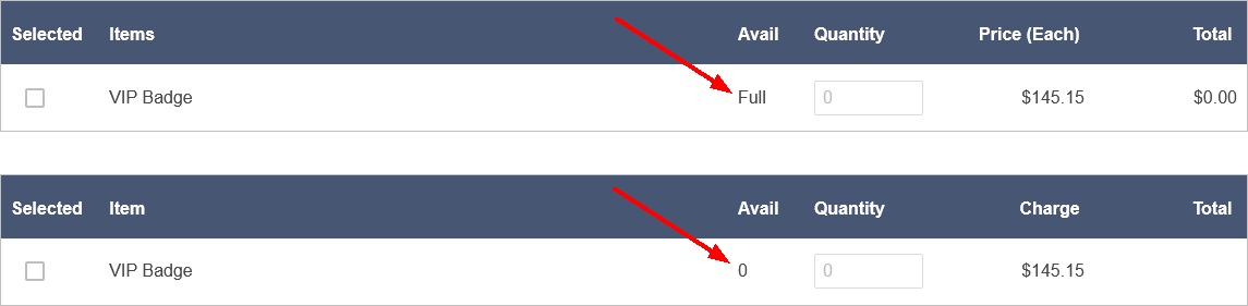 Sample exhibitor registration pages comparing two options for Indicate When Full setting. 