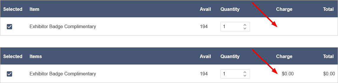 Sample exhibitor registration pages comparing options for Hide Group Charge if Zero setting. 