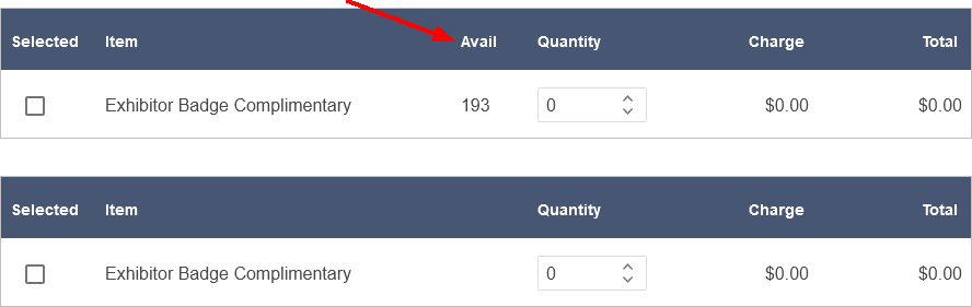 Sample exhibitor registration pages comparing options for Show Group Available setting. 