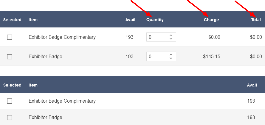 Sample exhibitor registration pages comparing Show/Hide settings for Quantity, Charge, and Total. 