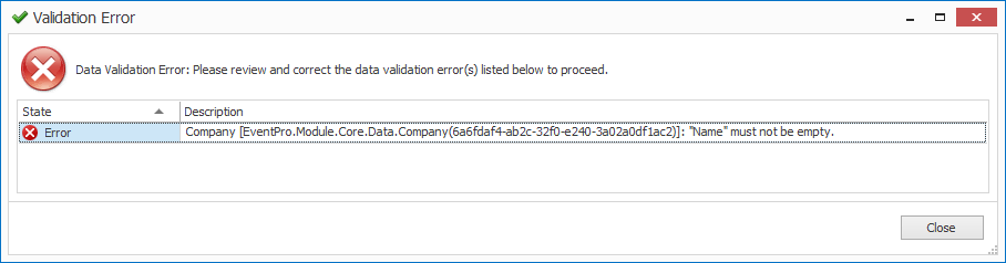 Screenshot of Data Validation Error dialog