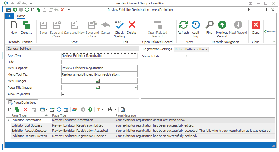 Screenshot of Review Exhibitor Registration Area Definition edit form. 