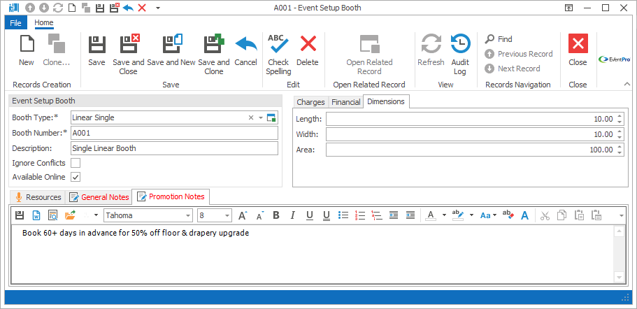 Screenshot of Event Setup Booth edit form, viewing Dimensions tab. 