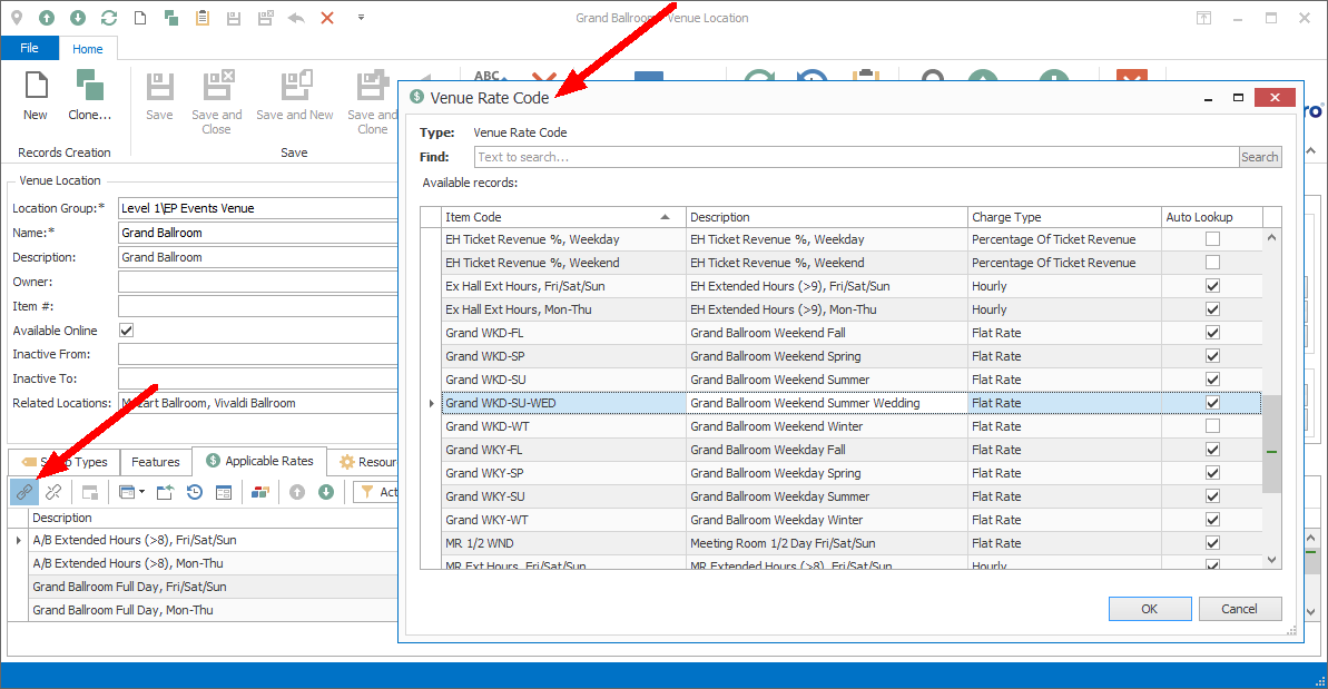 Screenshot of Venue Rate Code linking window opened from Venue Location. 