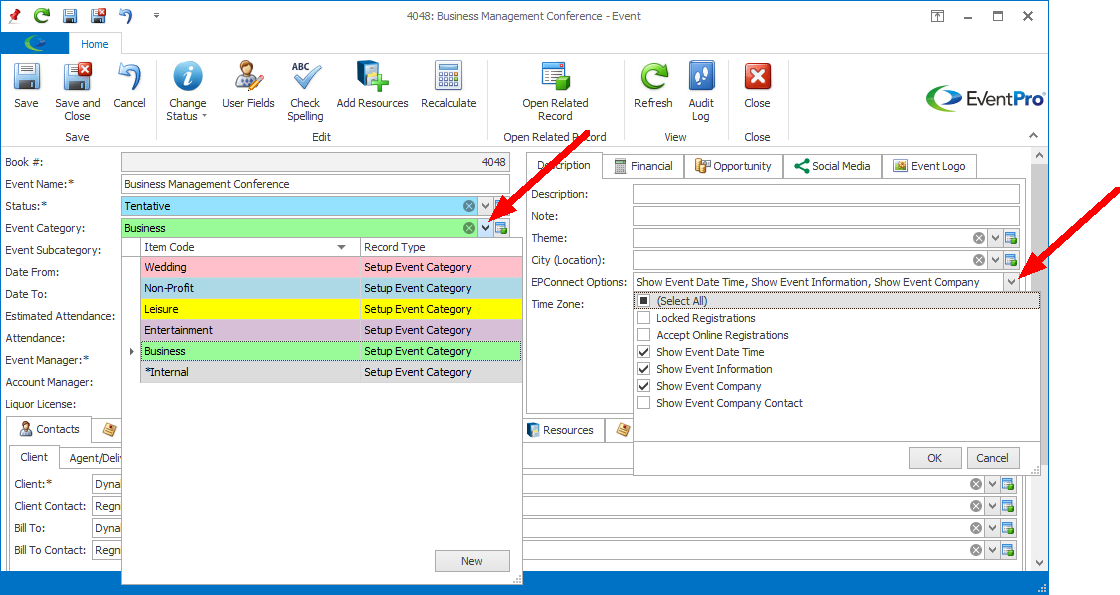 Screenshot of Edit Event window, pointing to two styles of drop-down selection lists