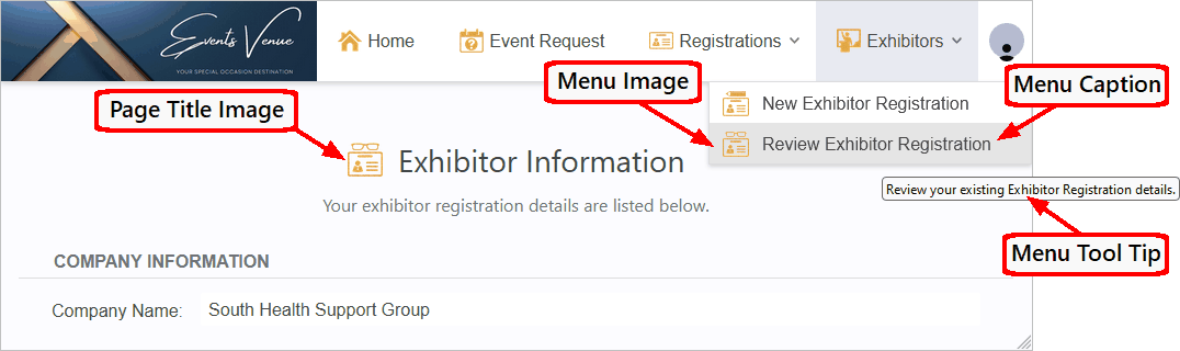 Screenshot of sample Review Exhibitor Registration area online, labelling General Settings options. 