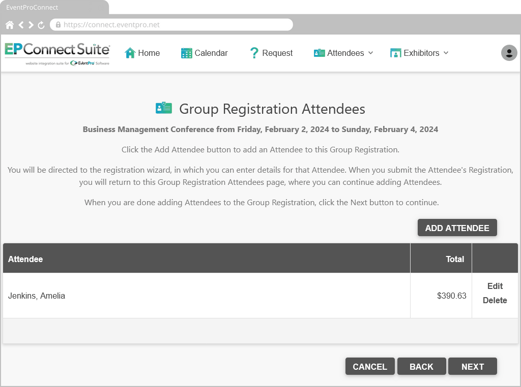 Figure 737: Attendee Added to Group Registration