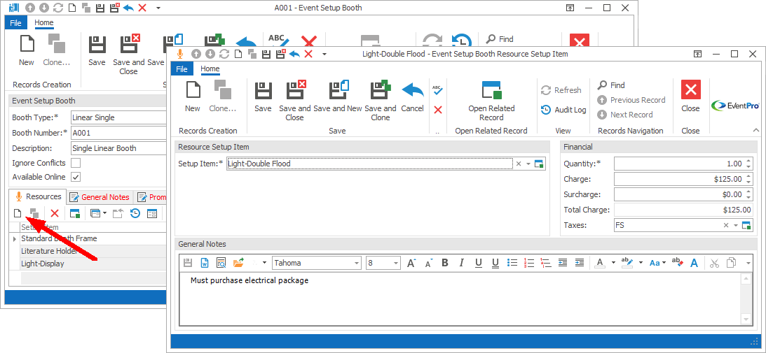 Screenshot of Event Setup Booth Resource Setup Item edit form. 
