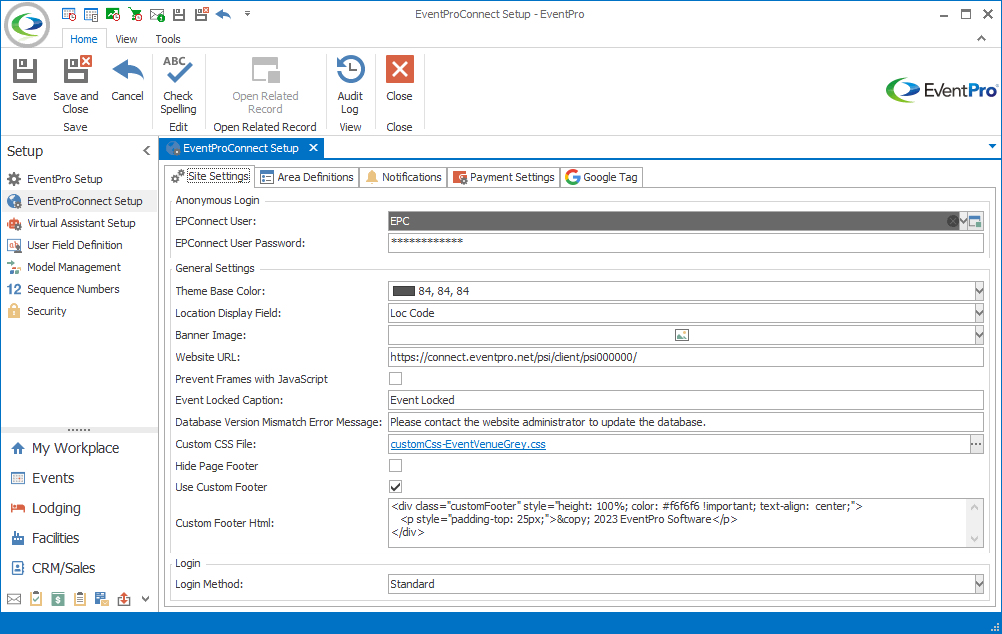 Screenshot of EPConnect Setup with Custom Footer HTML. 