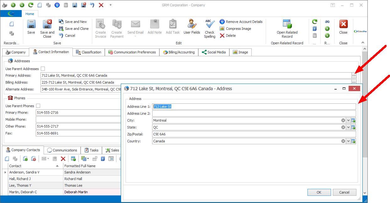 Screenshot of Company edit form, using ellipsis to open Address window