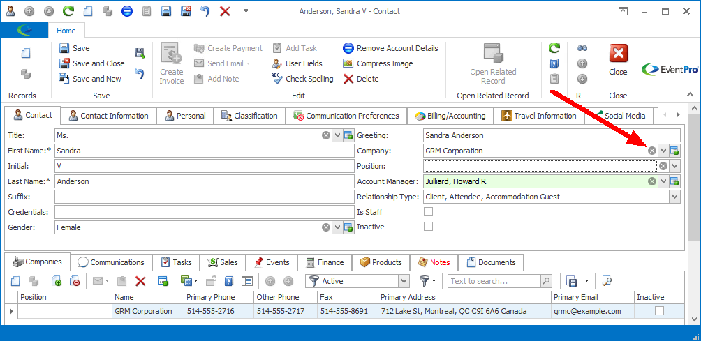 Screenshot of Edit Event window, pointing to drop-down clear icon