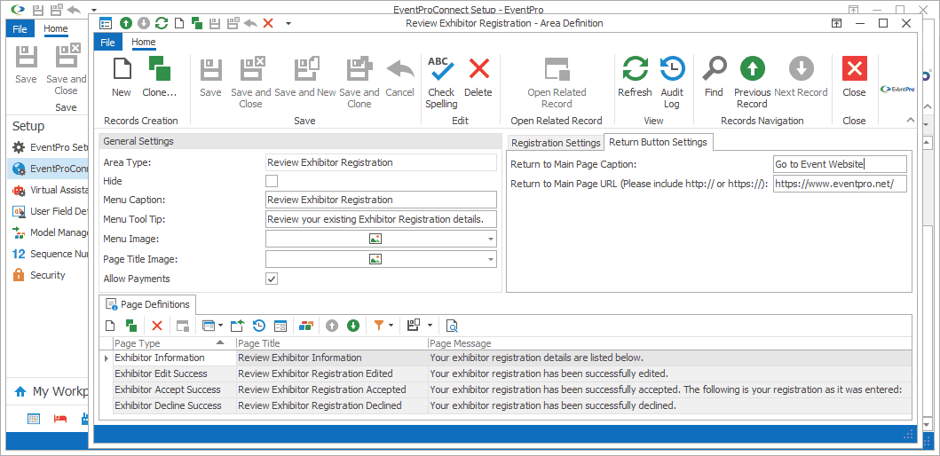 Screenshot of Return Button Settings in Review Exhibitor Registration Area Definition edit form. 