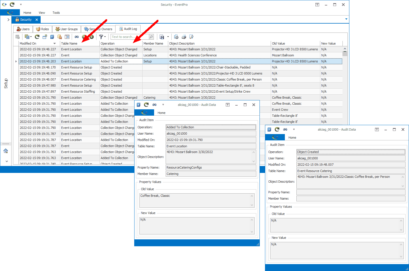 Screenshot of Audit Log displaying entries for different operations. 
