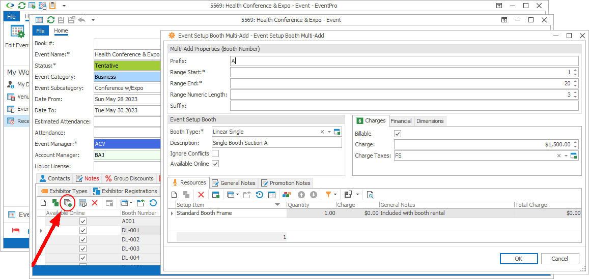 Screenshot of Event Setup Booth Multi-Add edit form opened from Edit Event window. 