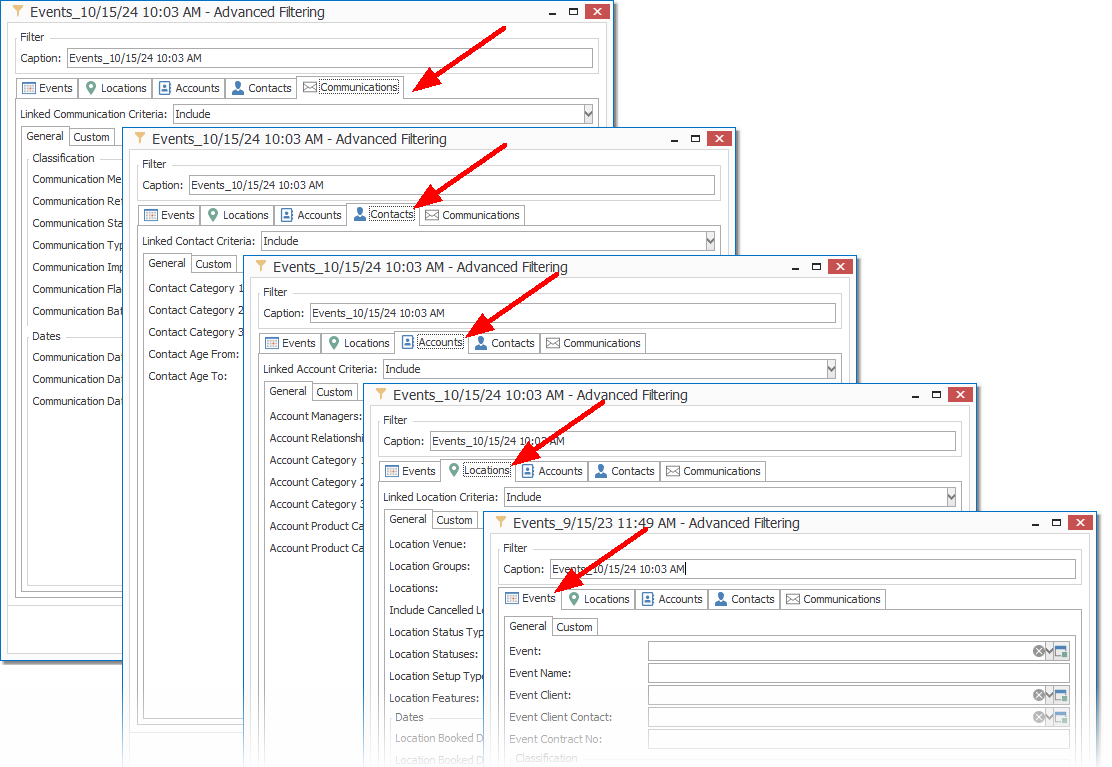 Screenshots of tabs under Advanced Filtering window for Events List. 