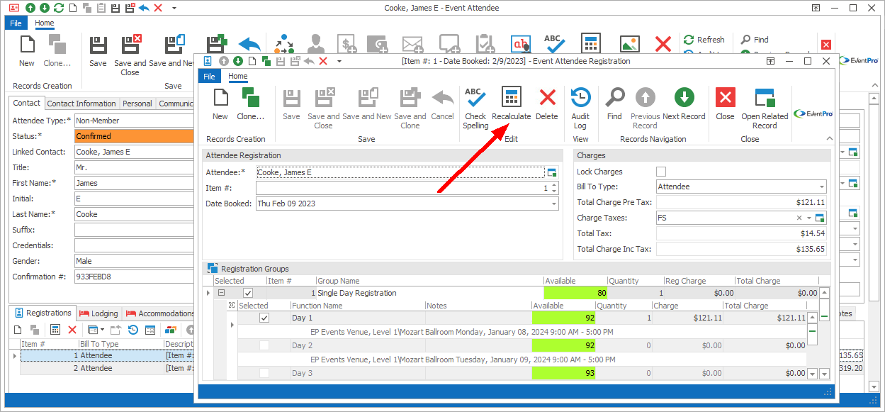 Figure 361: Recalculating Attendee Registration from Edit Form 