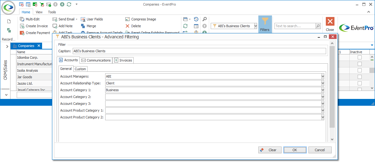 Screenshot of Advanced Filtering window for Companies List. 