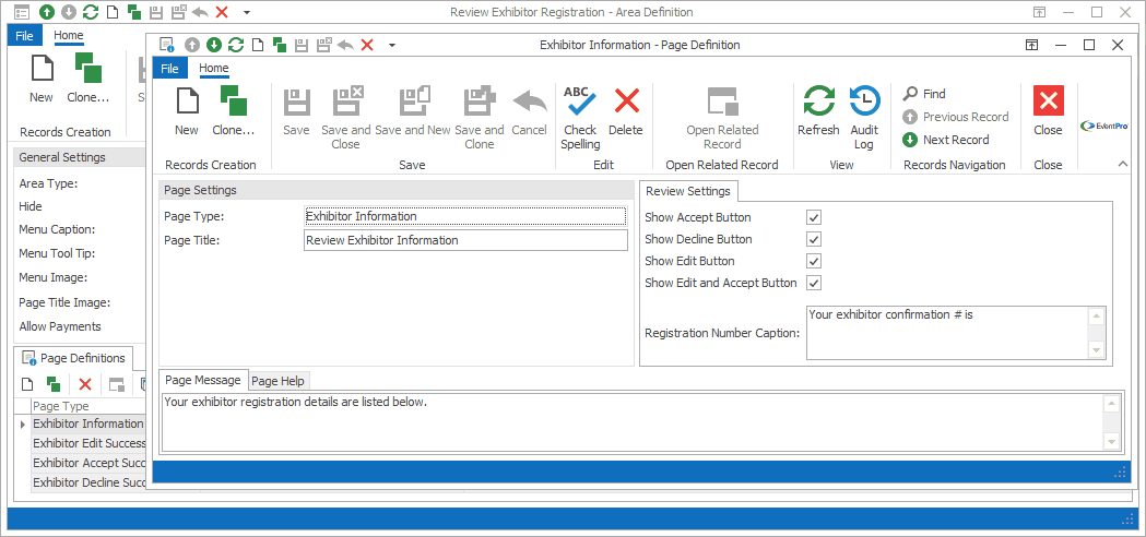 Screenshot of Exhibitor Information Page Definition edit form. 