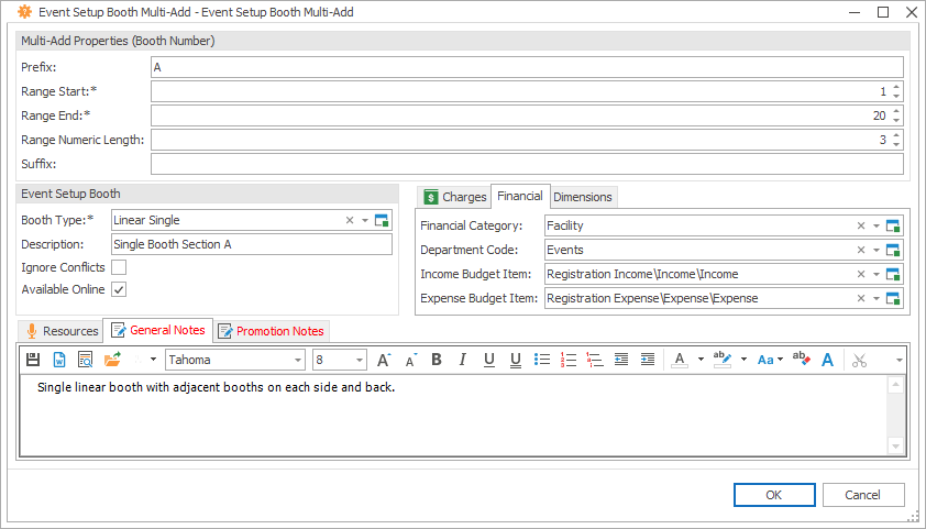 Screenshot of Event Setup Booth Multi-Add edit form, viewing Financials tab. 