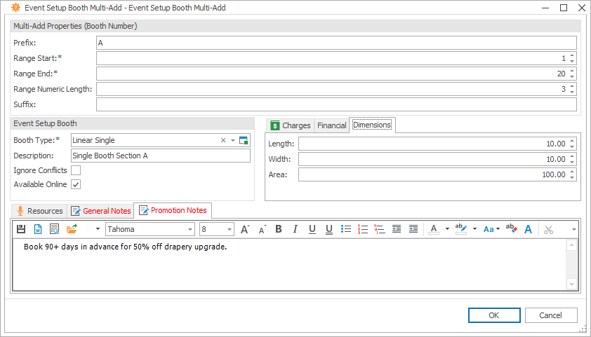 Screenshot of Event Setup Booth Multi-Add edit form, viewing Dimensions tab. 