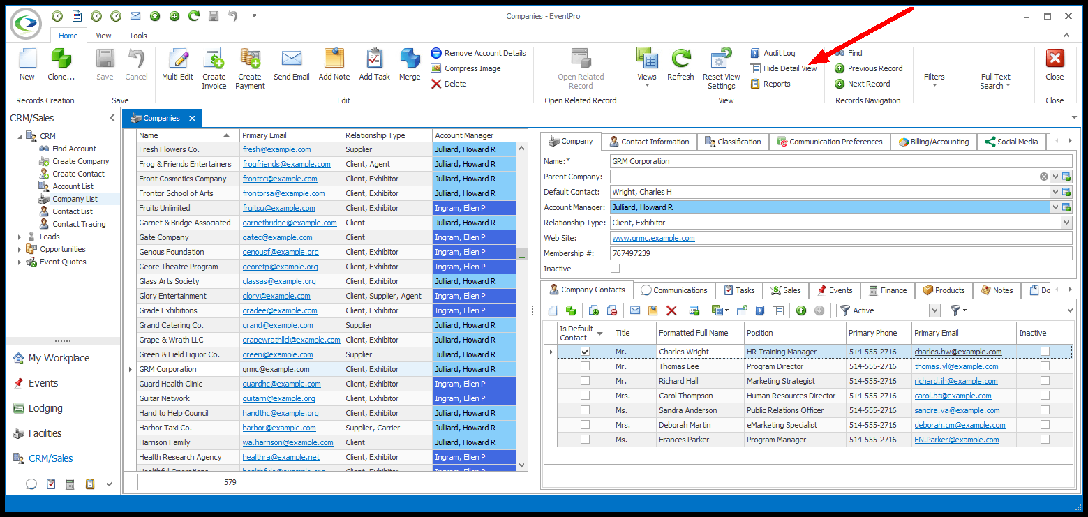 Screenshot of Company List with Detail View visible, and Hide Detail View on toggle button