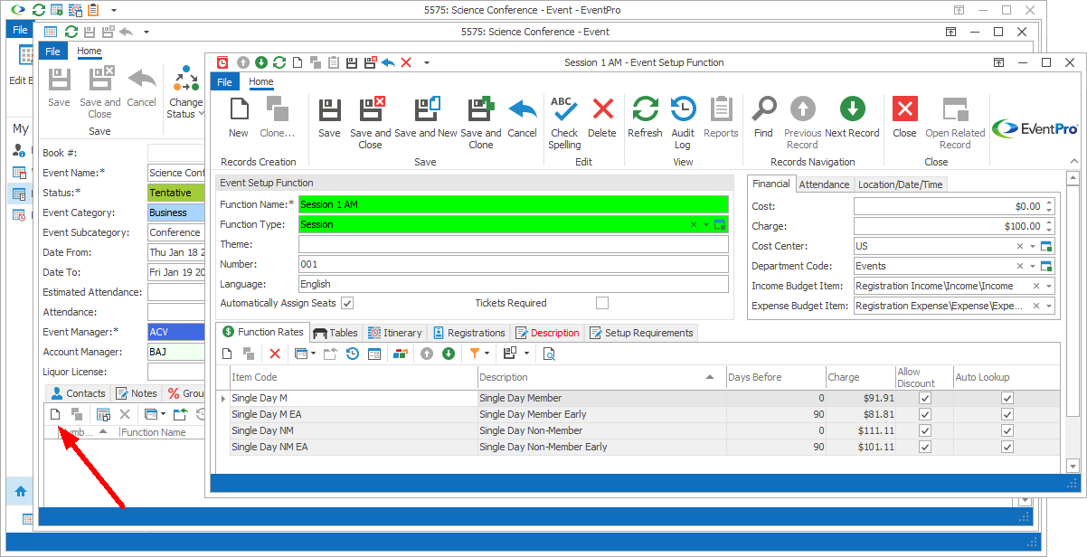 Screenshot of Event Setup Function edit form. 