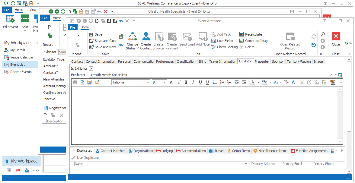 Screenshot of Attendee edit form opened with Exhibitor Main Attendee drop-down New command.