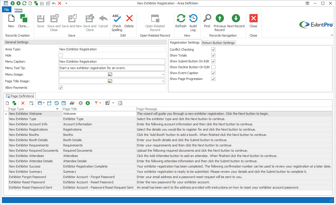 Screenshot of Page Definitions tab in Exhibitor New Registration Area Definition edit form. 