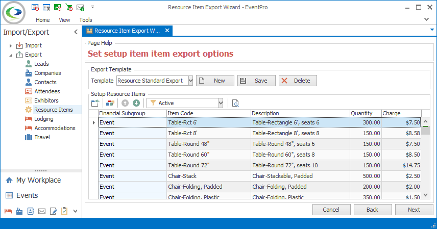 Figure 83: Resource Item Export Selection Grid 