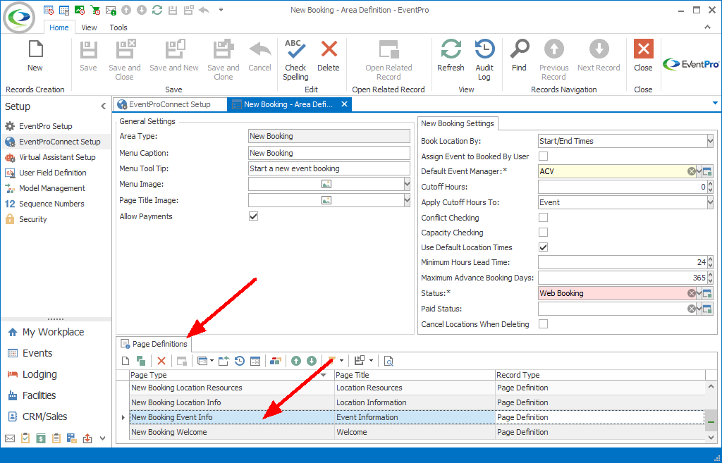 Screenshot of New Booking Area Definition, pointing to Page Definitions tab. 