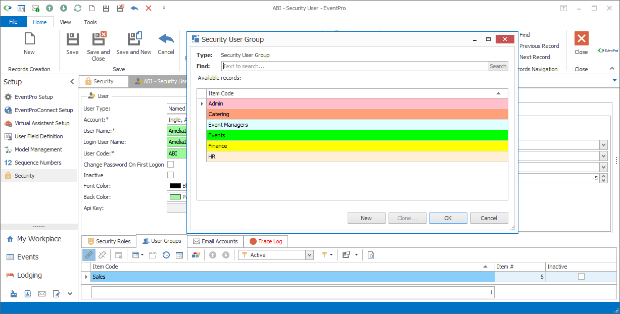 Screenshot of the Security User Group selection window. 