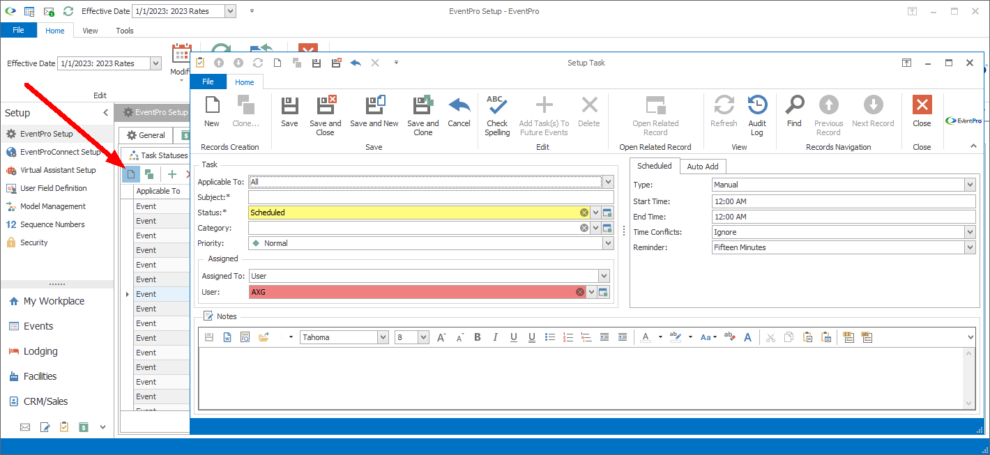 Screenshot of Setup Task edit form opened from Tasks tab in Setup. 
