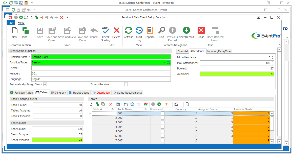 Screenshot of Event Setup Function edit form, opened to Tables tab. 