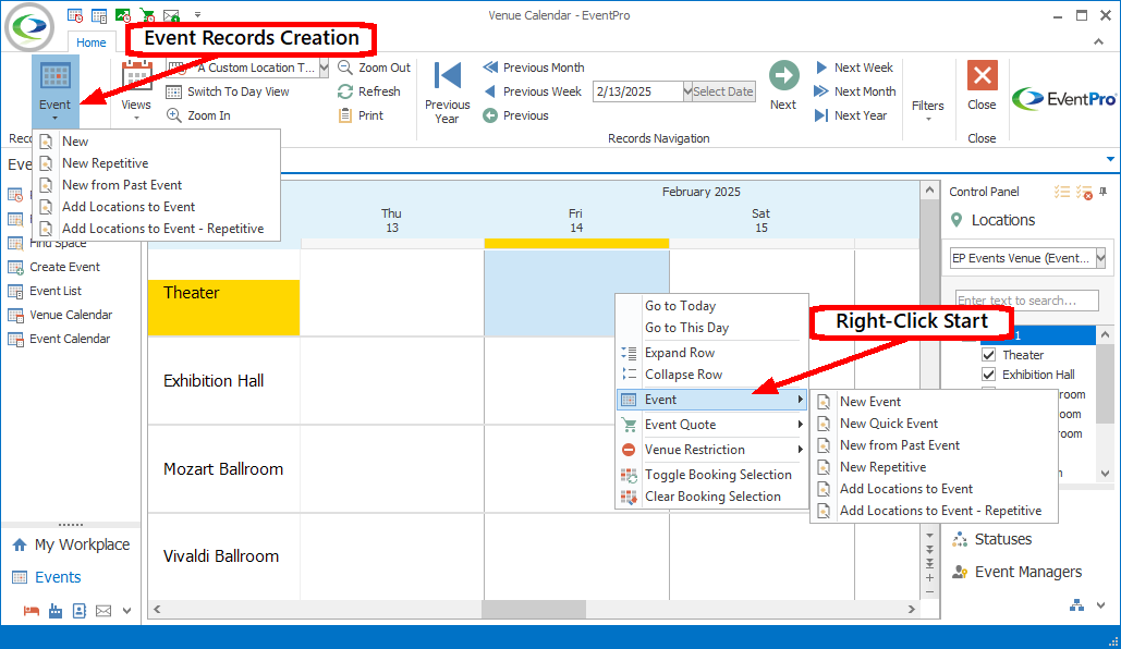 Screenshot of Venue Calendar, demonstrating start of event booking from right-click speed menu and from Event Records Creation. 