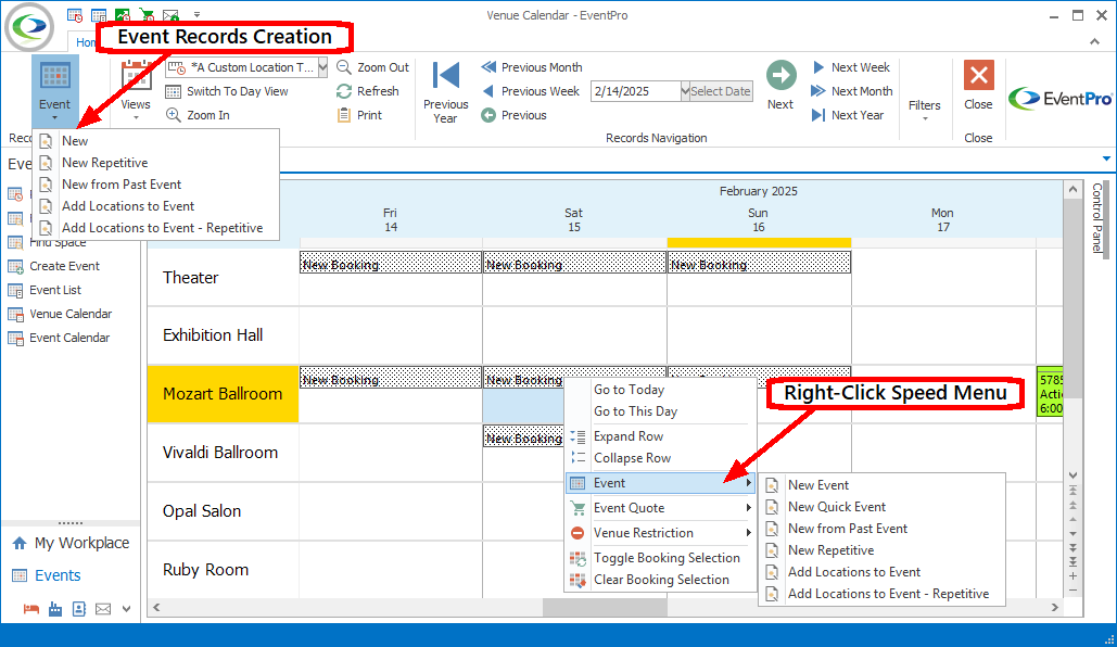 Screenshot of multiple locations and days selected on Venue Calendar, starting event by right-click or Event Records Creation button. 