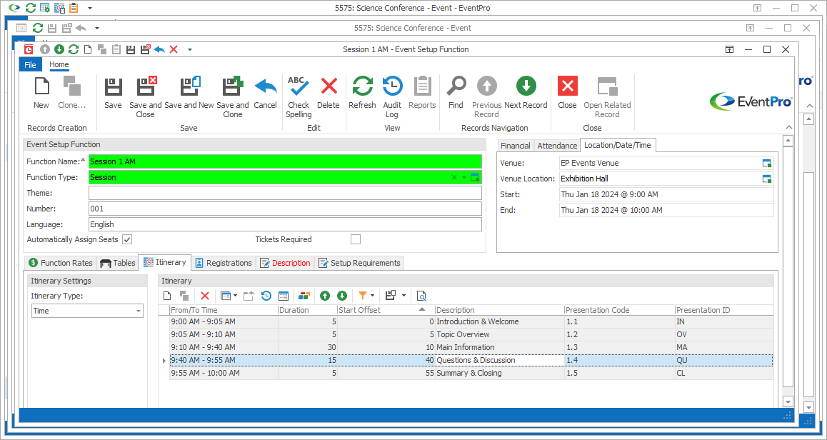 Screenshot of Event Setup Function edit form, opened to Itinerary tab. 