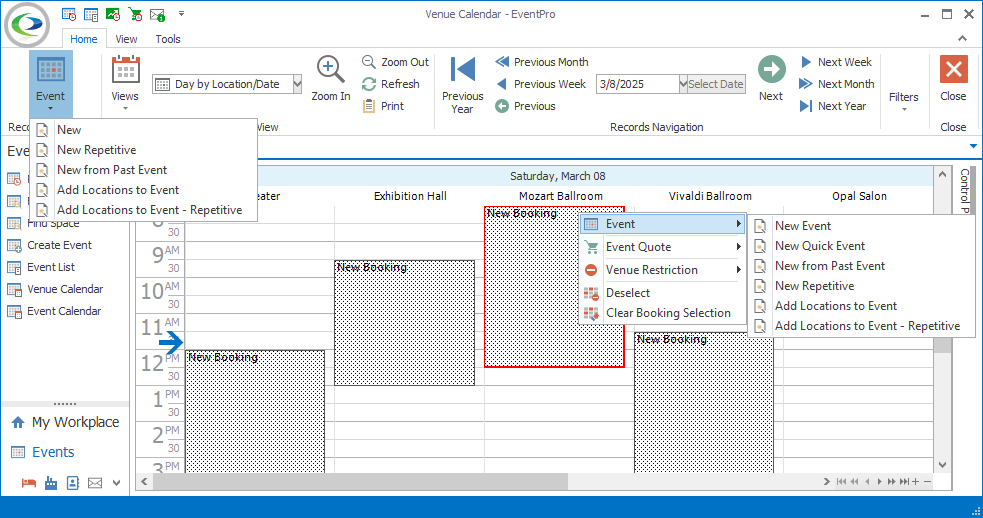 Screenshot of multi-selected location time blocks on Venue Calendar, demonstrating event start by right-click speed menu or Event Records Creation button. 