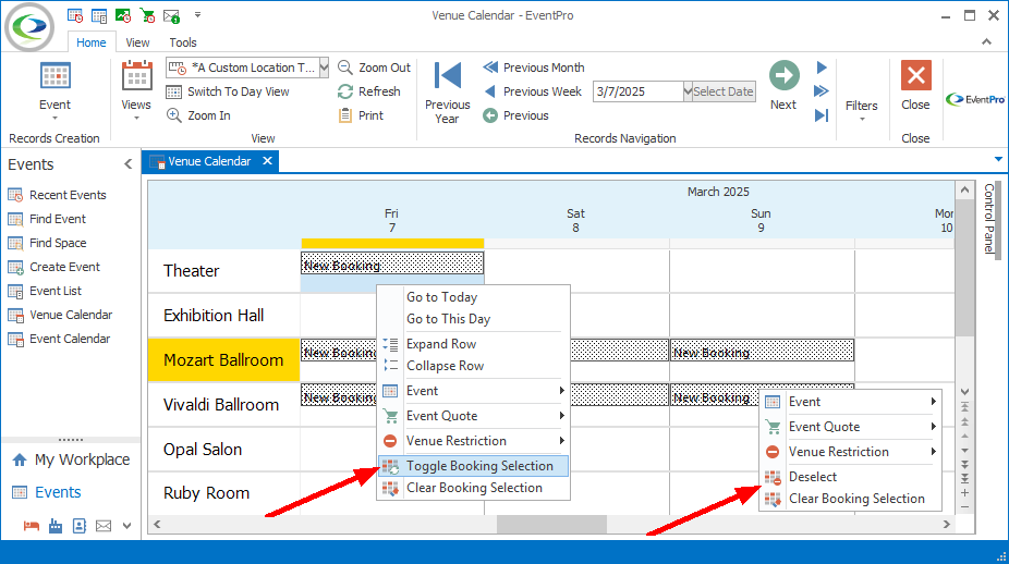 Screenshot of selected cells on Venue Calendar, demonstrating right-click options to deselect, toggle, or clear selection. 