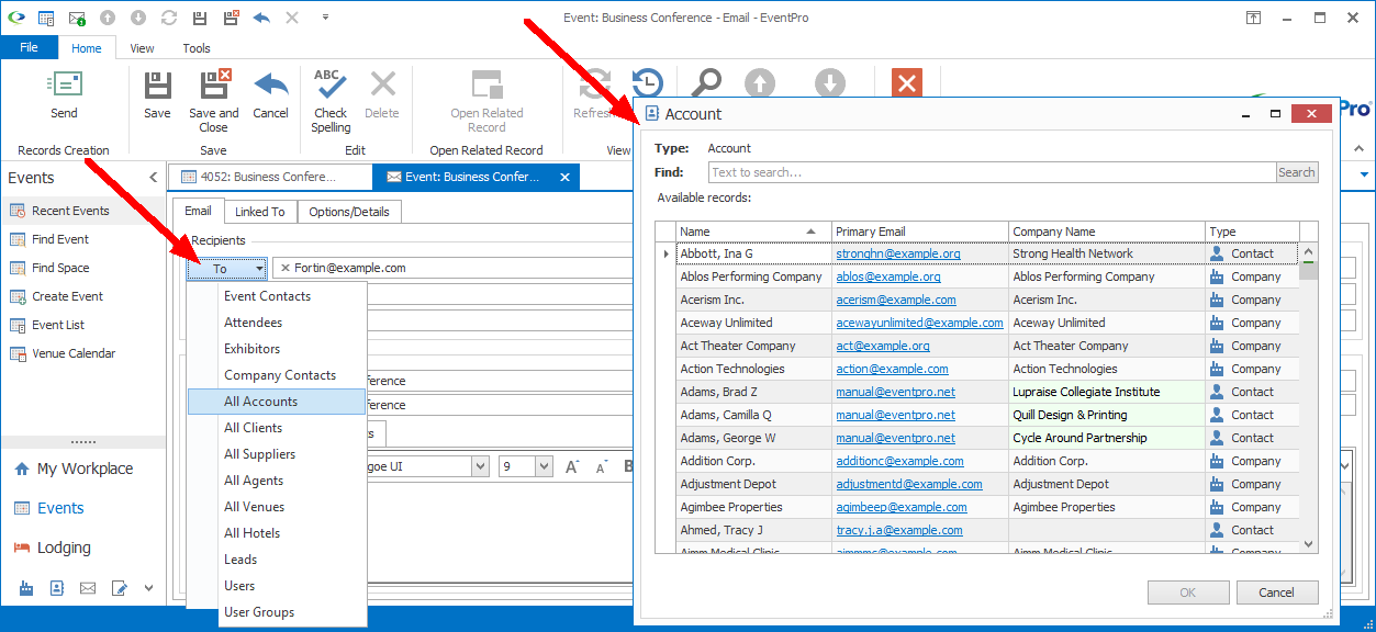 Screenshot of email edit form, pointing to Email Recipient Selection Dialog and To button. 