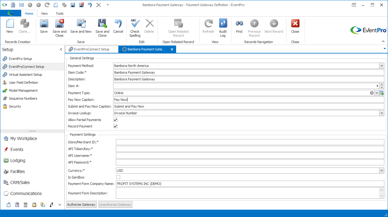Payment Gateway Definition edit form for Bambora North America