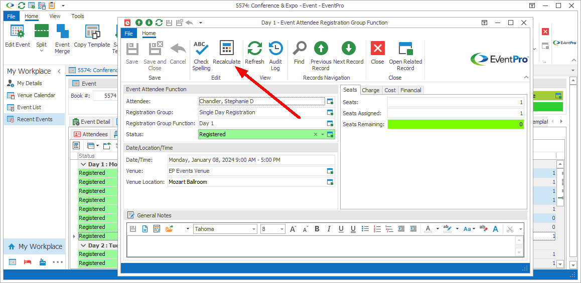 Figure 363: Recalculating Registration Function from Edit Form 