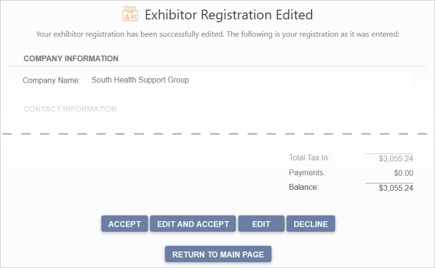 Sample Exhibitor Registration Edited page displayed after editing information online. 