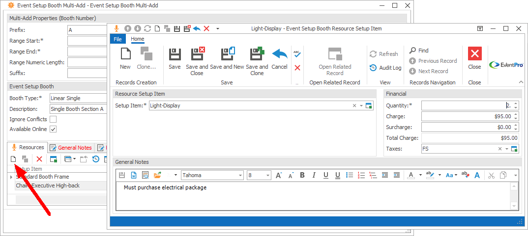 Screenshot of Event Setup Booth Resource Setup Item edit form. 