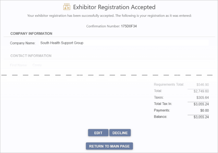 Sample Exhibitor Registration Accepted page after exhibitor accepts registration information. 